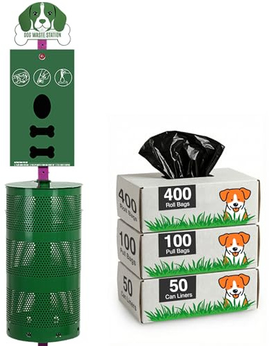flybold Dog Waste Station Outdoor - Pet Waste Station with Poop Bag Dispenser - Dog Shaped Sign Post Large Litter Bin 400 Roll 200 Pull Bags and 50 Can Liners - Pet Waste Bags Disposal System Outdoors