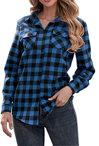 Jhsnjnr Chemise décontractée à manches longues à carreaux pour femme - Bleu - Large