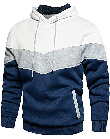MANLUODANNI Men's Hoodies Pullover Hooded Sweatshirt Patchwork Top Casual Hoody with Pocket White L
