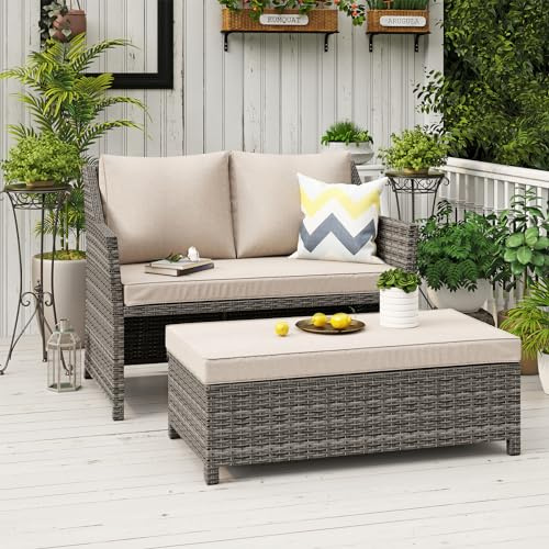 OC Orange-Casual 2-TLG Outdoor Rattan Gartenmöbel, Terrasse Loveseat mit Couchtisch, mit integriertem Staufach, grauem Rattan und beigen Kissen