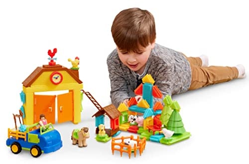 Battat Bausteine Bauernhof Spielzeug Set 67 Teile – Lernspielzeug Bauklötze mit Borsten, Bauernhoftiere, Figuren – Motorikspielzeug Kinder und Baby Spielzeug ab 2 Jahren, Bristle Blocks