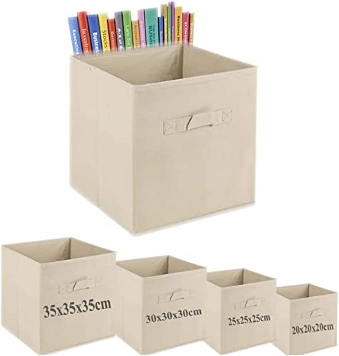 A406 2x Foldable Boxes Storage Cube Boxes Fabric Cubes with Handles Collapsible Organiser Clothes Storage Box (Beige, Large-30x30x30cm)