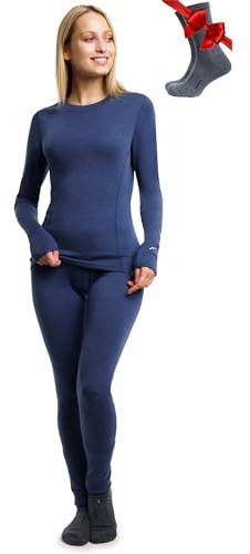 Merino.Tech 100% Vetement Femme Ensemble Laine Merinos + Chaussettes (Large, 250 Windsor Blue)