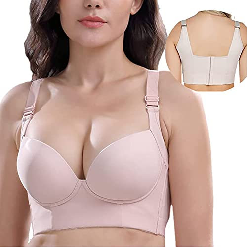 Women Push Up Sports Bra Deep Cup Full Back Incorporated Coverage Hide Back Fat Bra with Shapewear, Pink, 38