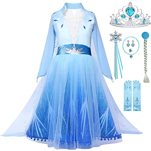 Snyemio Kinder Mädchen Prinzessin Elsa Eiskönigin Kostüm Kleid Weihnachten Halloween Karneval Schneekönigin Verkleidung Cosplay Fasching, 146-152(Etikett 150)