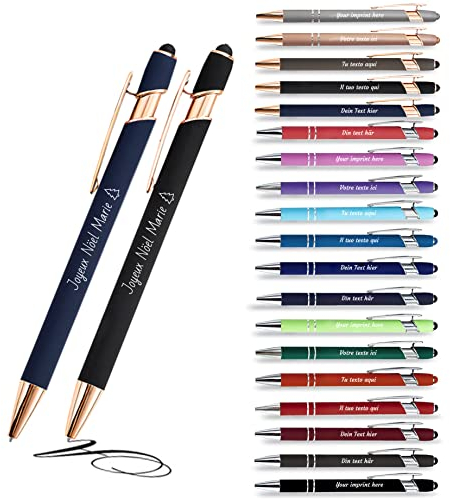 Jolis Papiers - x12 - Stift personalisiert 2 in 1 - Personalisierter Kugelschreiber mit Gravur I Rosegold-Metall I Softtouch Feeling I schwarz schreiben I integrierter Stylus
