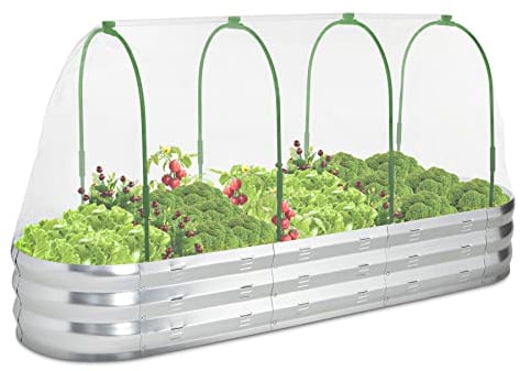 POTEY Raised Garden Bed with Greenhouse Galvanized Planter Box with 2 Greenhouse Cover for Outdoor Gardening Garden Box for Fruit, Vegetable, Flower, Herbs and Strawberry Plant