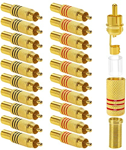 KUOQIY 20 PCS Gold Plated Plug Audio Video Connector, RCA Male Plug Solder Type, for Multimedia and CCTV (10 Black + 10 Red)