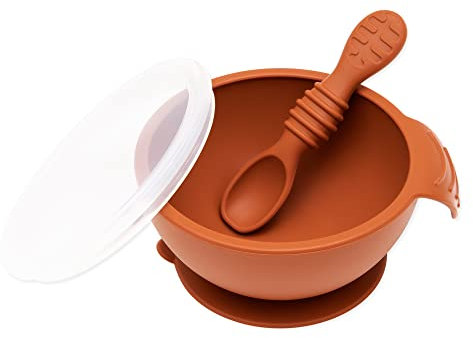 Bumkins Baby Bowl, Silicone Feeding Set with Suction for Baby and Toddler, Includes Spoon and Lid, First Feeding Set, Training Essentials for Baby Led Weaning for Babies 4 Months Up, Clay