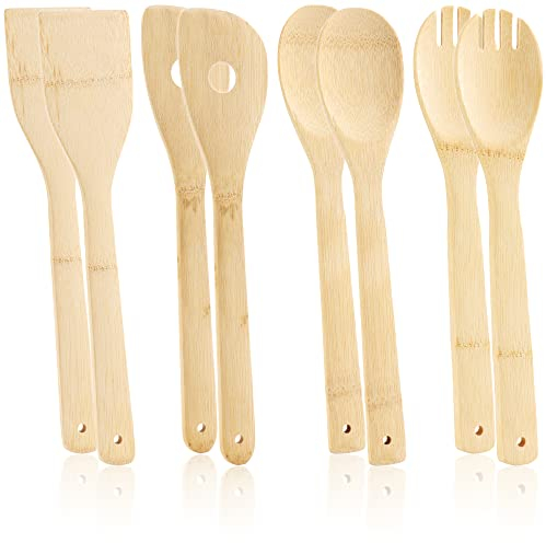 COM-FOUR® Juego de utensilios de cocina de 8 piezas - cuchara de madera para cocinar, asar, hornear - servidores de ensalada sostenibles, cuchara de cocina y espátula (08 piezas - Bambú)