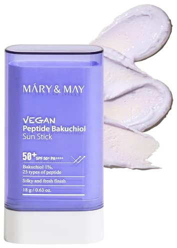 Mary&May Vegan Peptide Bakuchiol Sun Stick LSF50+ PA++++ – Koreanischer Sonnenschutz-Stick mit 10,000 ppm Bakuchiol & 25 Peptiden, für unterwegs, kein weißer Film, reef-safe, vegan, 18g