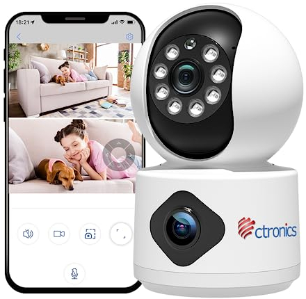 Ctronics Telecamera Doppio Obiettivo Interno, 360° PTZ Videocamera Sorveglianza con Doppia Visuale, Rilevamento Umano, Tracciamento Automatico, Visione Notturna Infrarossi, Audio Bidirezionale