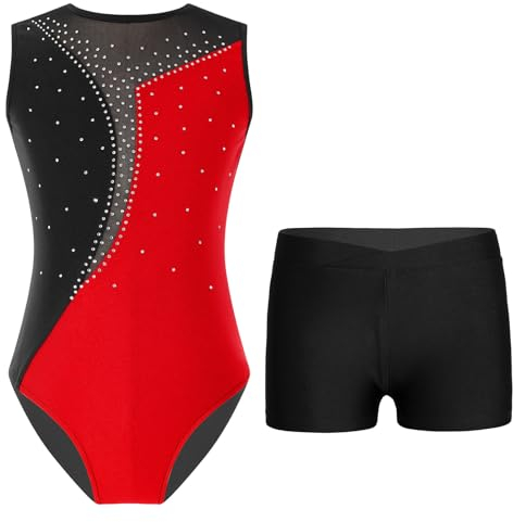 Freebily Kinder Mädchen Turnanzug Glitzer Ärmellos Gymnastikbody Trikot Shorts Set Ballett Tanzkleidung Wettkampf Traininganzug A_Rot&Schwarz 158-164