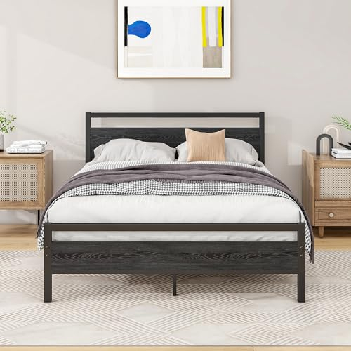BOFENG 4ft6 Double Bed Frames with Wood Headboard,Heavy Duty Metal Platform Bed Frame Double Bed No Box Spring Needed,Mattress Foundation/Under Bed Storage/Sturdy Steel Slat Support/Black