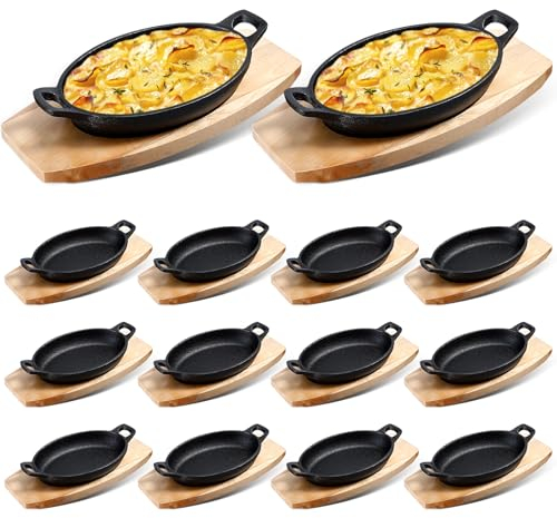 Mifoci 12 Sets Cast Iron Skillet with Wooden Base Mini Cast Iron Fajita Bowls Oval Dish Tray Serving Sizzling Plate for Baking Roasting Cooking Kitchen Restaurant,8.7 x 4.7 x 1.6 Inch