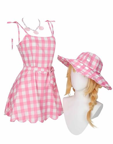 Cosplay.fm Costume da film cosplay rosa a quadretti prendisole da spiaggia scozzese vestito e pantaloncini con cappello (rosa, L)