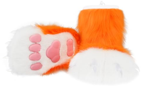 hbbhml Pantofole pelose con animali, orso, gatto, lupo, cane, volpe, pelo, piedi, zampa, artiglio, scarpe, stivali pelosi, accessori per costume per adulti e bambini, Orange2, Taglia unica