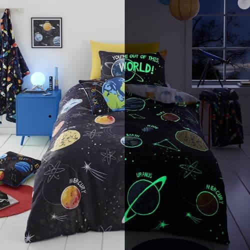 Bedlam Bettbezug für Doppelbett, leuchtet im Dunkeln, 200 x 200 cm, wendbar (2 Designs), Galaxie- und Planeten-Bettwäsche für Jungen, Sonnensystem-Universum, Weltraum-Bettwäsche für Kinder