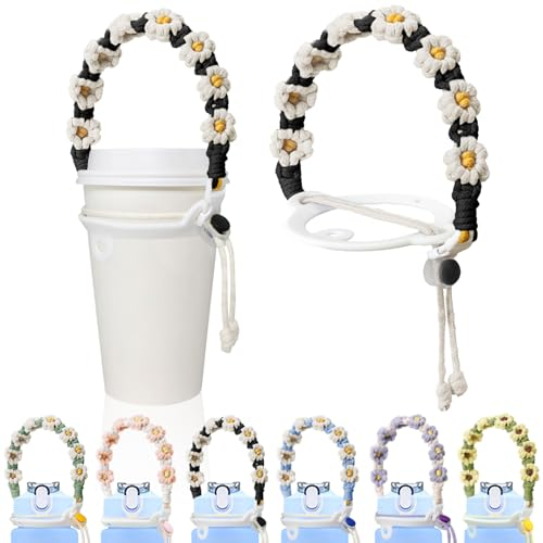 Yanmucy Water Bottle Strap Handmade Daisy Paracord Handle for Water Bottle Portable Coffee Cup Strap Durable Silicone Water Bottle Accessories for Commuting Gyms Cycling (Black)
