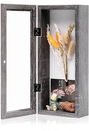 Muzilife Shadow Box Bilderrahmen, 32,5 x 12,7 cm, tiefes Holz und Glas, aufhängfertig, Erinnerungsbox, Baby-Sport-Memorabilien, Hochzeit, Tickets und Fotos, Textur Grau