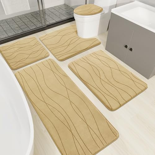 YIHOUSE Badezimmerteppich-Sets aus Memory-Schaum, 5-teilig, ultra-saugfähig, rutschfest, maschinenwaschbar und schnell trocknend, 5-teiliges Badezimmermatten-Set, Beige