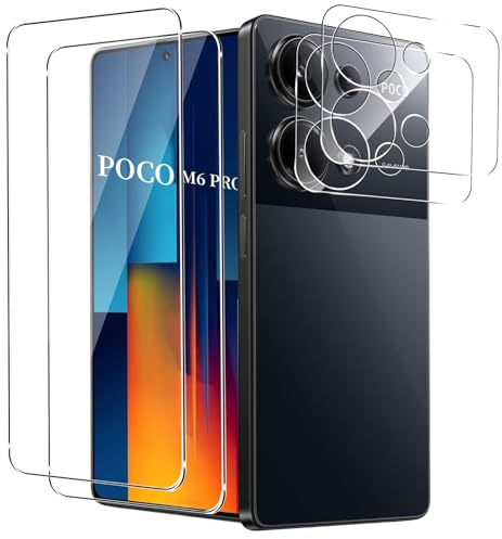 MEMELOKA Protector de Pantalla para Xiaomi POCO M6 PRO con Protector de Lente de Cámara[2+2 Piezas], 9H Dureza Alta Definición [Antiarañazos&Sin Burbujas] Cristal Templado POCO M6 PRO