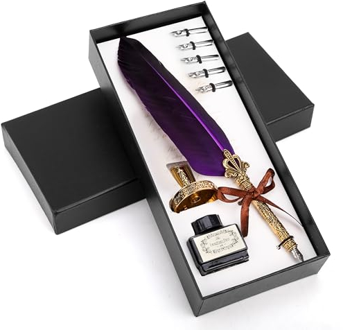 BELLE VOUS Kit per Calligrafia - Set da 8 - Calligraphy Pen - Penna Piuma Viola - Calamaio Inchiostro Nero - 5 Pennini - Penne per Lettering - da Regalo - con Pennino per Scrivere