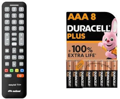 Meliconi Easytel TV+ Telecomando Universale per TV, comanda anche le funzioni di base delle Smart TV & Batterie Duracell Plus AAA(pacco da 8) - Alcalina 1.5V - Fino al 100% di extra durata
