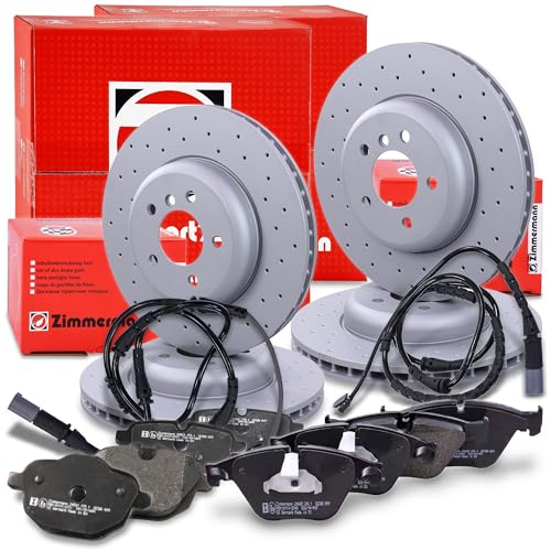 ZIMMERMANN Bremsenset inkl Gelochte Bremsscheiben Vorne Belüftet Ø 348 mm + Hinten Belüftet Ø 330 mm und Bremsbeläge Vorne und Hinten + Veschleißkontakt Kompatibel mit BMW 5er (F10)