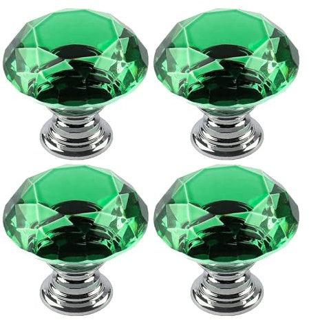 4 Pack Crystal Cabinet Knobs Furniture Door Handles, Cupboard Wardrobe Furniture Drawers Cabinet Pull for Kitchen Office Chest Cabinet Drawer (Green)
