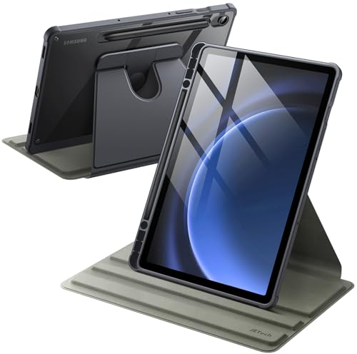 JETech Drehbare Hülle für Samsung Galaxy Tab S10 FE / S9 FE 10,9 Zoll / S9 11 Zoll mit S Pen Halter, 360 Grad Drehbare Schutzhülle Ständer Transparente Rückseite, Auto Wachen/Schlafen (Grau)