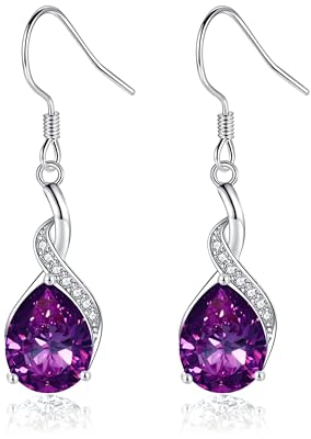 Cangall Silver Drop Earrings for Women, 925 Sterling Silver Dangle Earrings with Purple Cubic Zircon, Dainty CZ Teardrop Silver Sleeper Dangle Earrings Jewelry Gift for Christmas Birthday Wedding