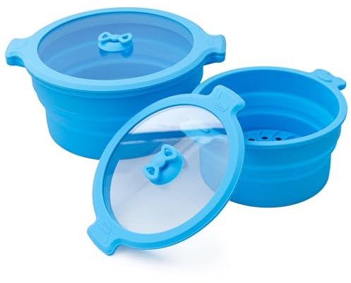 Camping Silicone bowls with Lids Collapsible Bowls for Camping Microwave Collapsible Food Storage Travel Bowl for Outdoor Hiking Camping Kitchen (Blue 2 Pack 0.8L+1.4L)