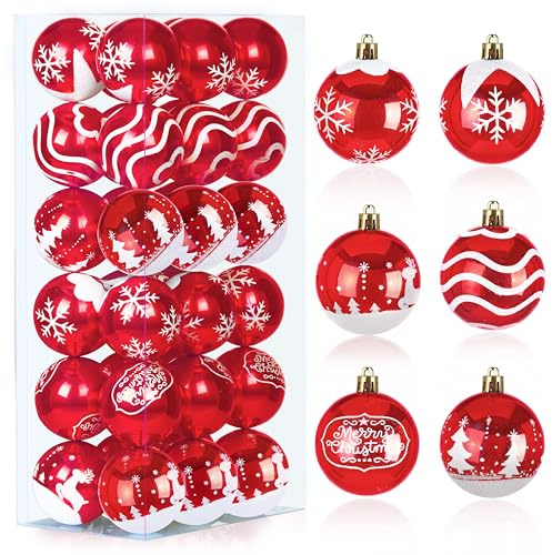 JOIEDOMI 36-teiliges rotes Set mit zarten Gemälden und glitzernden Weihnachtskugeln, 5,8 cm große Weihnachtsbaum-Hängedekoration, bruchsichere Weihnachts-Innendekoration für Baumkränze, Feiertage