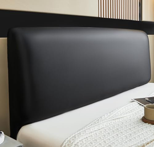 Fudaiki Bett Kopfteil Bezug PU-Leder Weicher Stretch Bed Headboard Cover, Staubdicht Waschbar Bettkopfteil Husse Wasserdicht Kopfteilbezug überzug Schwarz 200cm