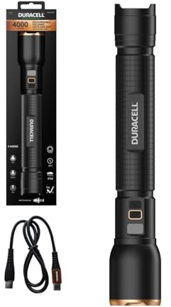Duracell LED Taschenlampe DF4000R Core Plus – 4000 Lumen, fokussierbar, 200m Leuchtweite, USB-C wiederaufladbar, 2x 18650 Li-Ion Akku, versch. Lichtmodi, spritzwassergeschützt, Aluminiumgehäuse