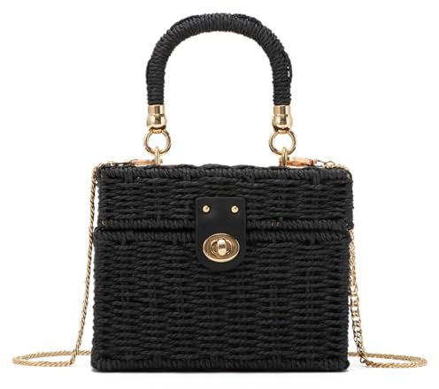 LHHMZ Women Handwoven Rattan Square Tote Straw Basket Bag Ladies Summer Beach Bag Wicker Shoulder Bag