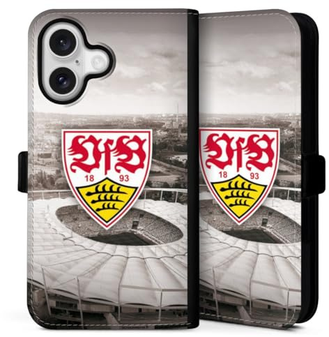 Klapphülle kompatibel mit Apple iPhone 16 Handyhülle aus Kunst Leder schwarz Flip Case VfB Stuttgart Offizielles Lizenzprodukt Stadion