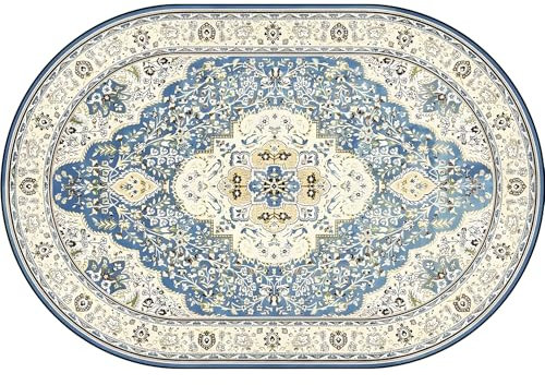 VARIKASHOM Oval Teppiche groß Wohnzimmer, Wohnzimmerteppich Innenbereich Bodenmatte Dekoration,Vintage Orientalisches Beige Creme Grün Blumenmuster, blau, 200 x 300 cm