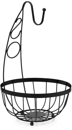 Fruit Bowl with Banana Hanger | Flat Iron Fruit Basket with Banana Hook to Keep Fruits Fresh & Accessible | Wired Fruit Bowl with Banana Hook Hanger for Kitchens