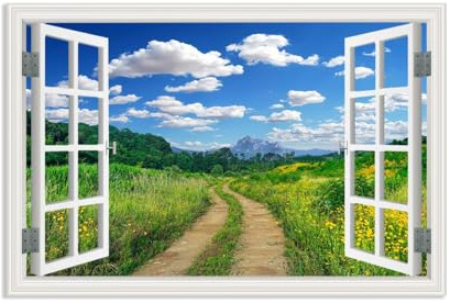 Quadro con Effetto 3d Finestra Aperta su,Cielo blu e nuvole bianche Scenic Road,Vista Dalla Finestra Natura Paesaggio Stampa su Tela.Decorazione da Parete Moderna105x70cm(41x28in)Senza cornice