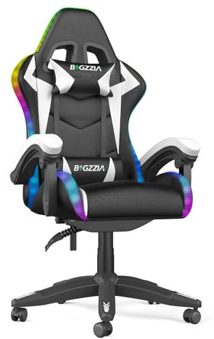bigzzia Sedia Gaming con Luci RGB, Sedia Ergonomica Gaming con LED, Poltrona da Gioco con Poggiatesta e Supporto Lombare per Stanza dei Giochi, Adolescenti (Utilizzo di RGB, Bianco)