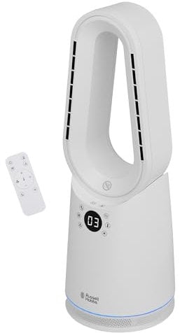 Russell Hobbs, Bladeless Heat and Cool Fan with 9 Speed Settings, Eco Mode, High Mode, Sleep Mode, LED Display & Remote Control, 8-Hour Timer and Oscillating Feature in White, RHCBLDL3IN1