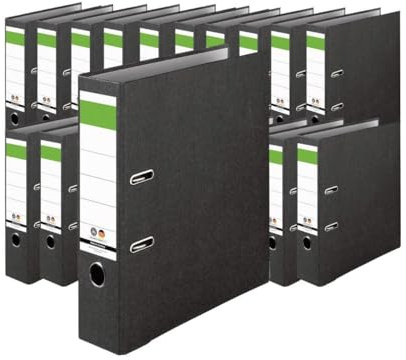 IC-Office 20er Pack Ordner A4 8cm breit schwarz Aktenordner Ringordner Briefordner Büroordner Schlitzordner Blauer Engel grüner Balken für Schule Studium Büro HomeOffice bis 12000 Blatt