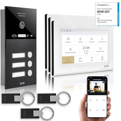 GVS IP Video Türsprechanlage 3 Familienhaus RFID Türöffner - 3X 7 Monitor | Smarte Video Türklingel mit Kamera und Monitor & App - Gegensprechanlage mit Türöffner (AVS4469U)