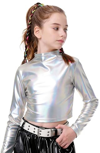 LOLANTA Metalliskt kort topp för flickor, halvpolokrage, glittrande danströja för hiphop, skiva, scen och fest