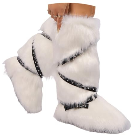 ORANDESIGNE Femme Bottine en Peluche Fourrure Hiver Bottes de Neige Plate Bottines Fourrées Y2K avec Boucle de Ceinture A Blanc 40 EU