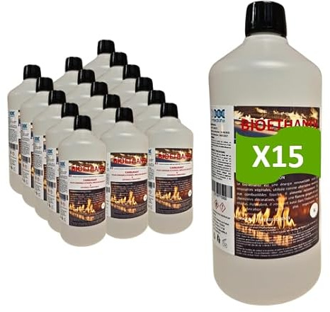 Bioetanolo 1L X 15 - Combustibile ecologico Premium per camini stufe in acciaio inox - Fiamma pulita, senza odore e fumo - Risorse vegetali - alte prestazioni e sicurezza (1Lx15)