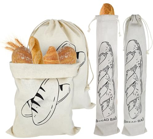 YUUTIAL Linen Bread Bags, Reusable Eco Drawstring Bread Bags 40x30cm 2PC - Long Baguette Bag 62x14cm 2PC Keeping Breads Fresh, Natural Linen Food Storage Bag for Potatoes Fruits