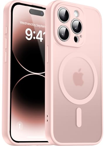 Natiiozie Magnetisch Kompatibel mit iPhone 14 Pro Hülle Kompatibel mit MagSafe, Kameraschutz FallSchutz Handyhülle, Stoßfest Kratzfest Schutzhülle Transluzente Matt Rückseite 6.1 Zoll Case Rosa